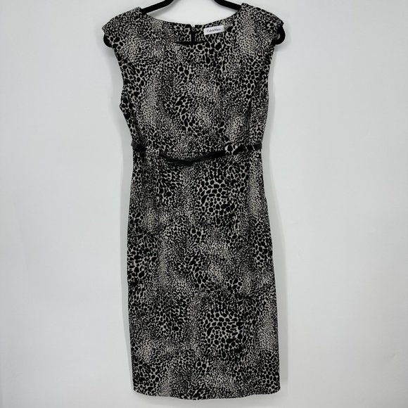 Calvin Klein Leopard Print Sheath Dress 4 Belted Cheetah Animal Black Beige Work - Picture 1 of 10